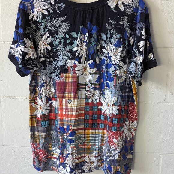 Johnny Was Shirt Plaid Navy Blue Ona Raglan Floral Tee Top Bamboo Red - Picture 2 of 8